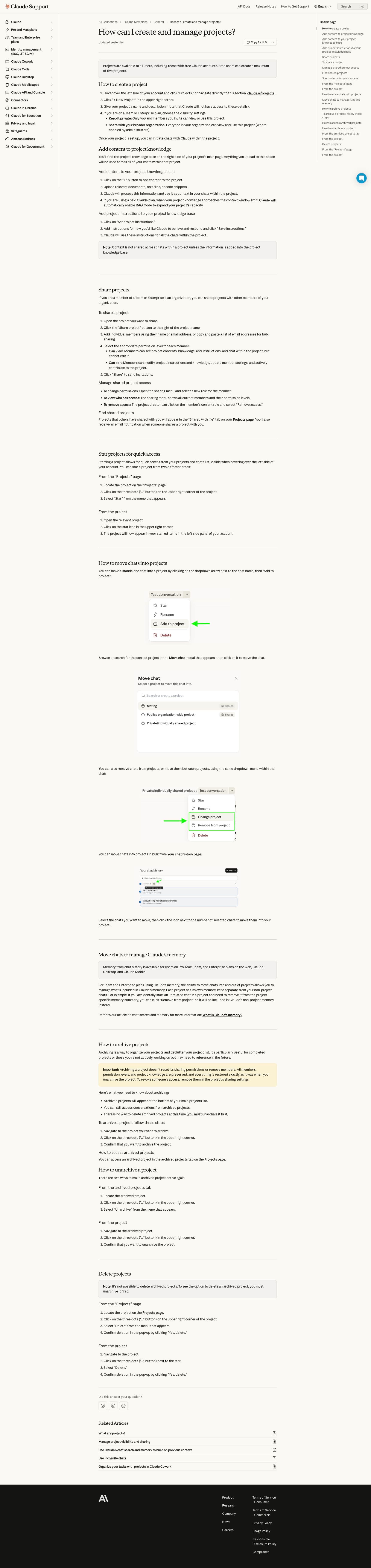 Official Claude documentation showing project setup and project knowledge