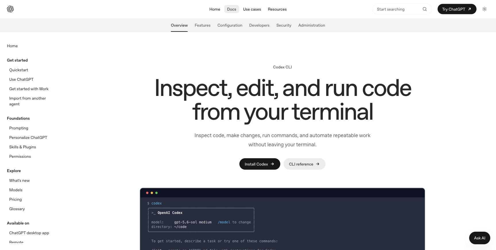 Official OpenAI documentation showing the Codex command-line interface