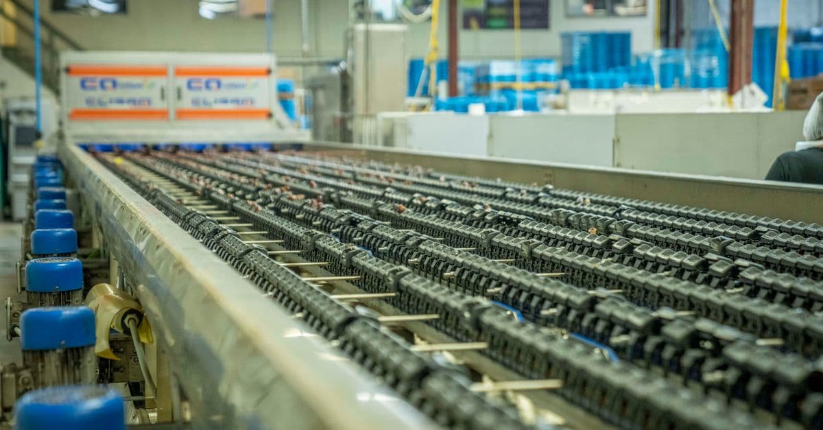 Detailed view of an industrial conveyor belt system used in manufacturing and production settings.